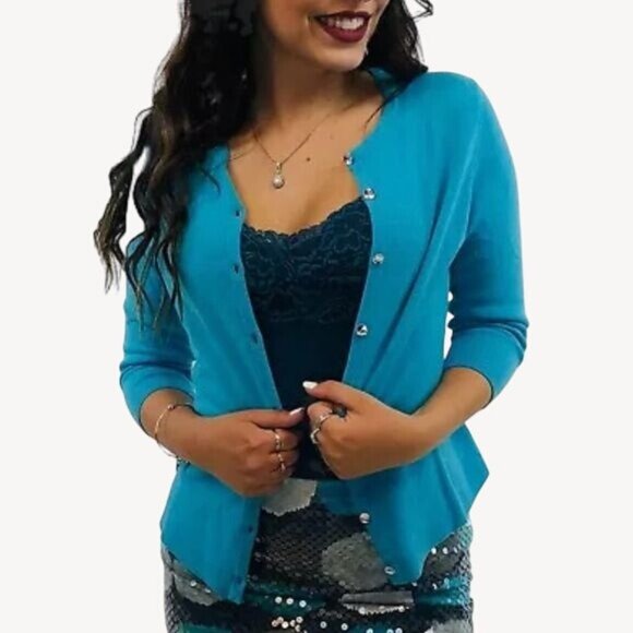 Ann Taylor Blue Cashmere Rhinestone Button Down Cardigan Sweater | Office Siren - Picture 12 of 15